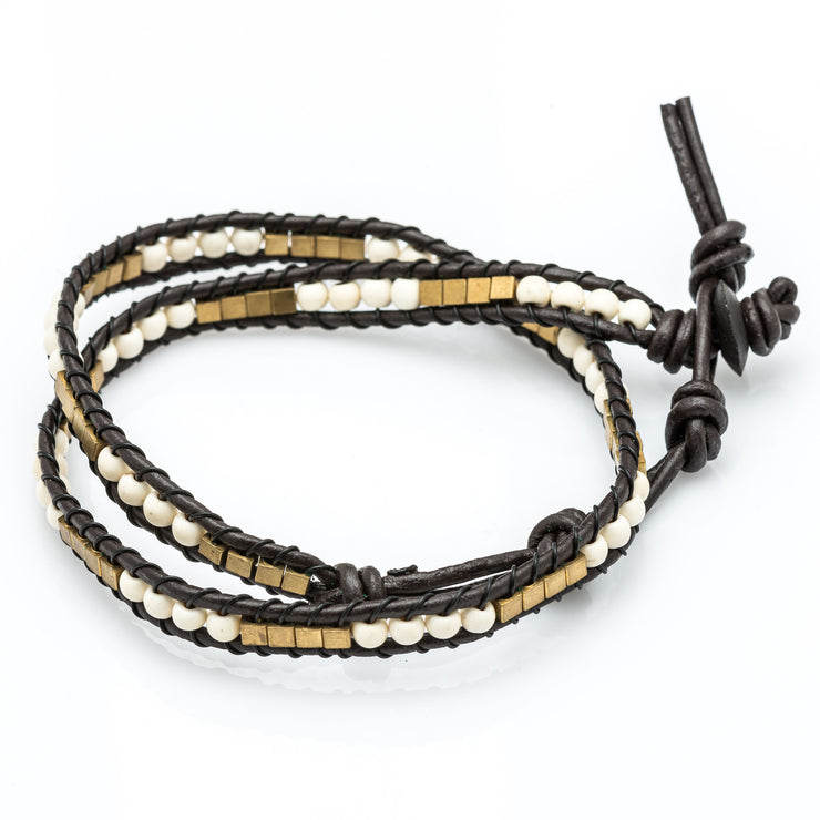 Leather Wrap Bracelet with White Beads