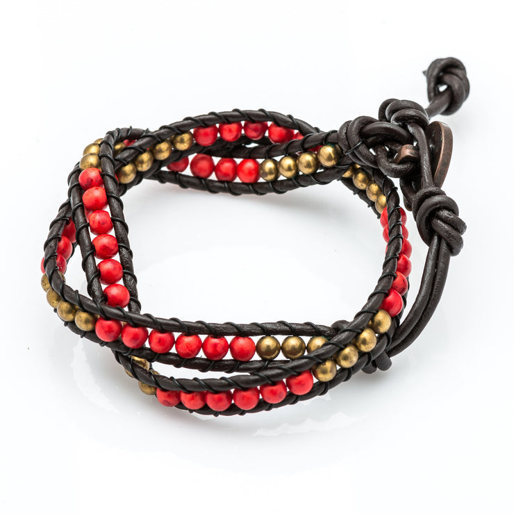 Leather Wrap Bracelet with Red and Gold Beads