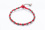 Silver Tube Braided Waxed String Anklet in Red