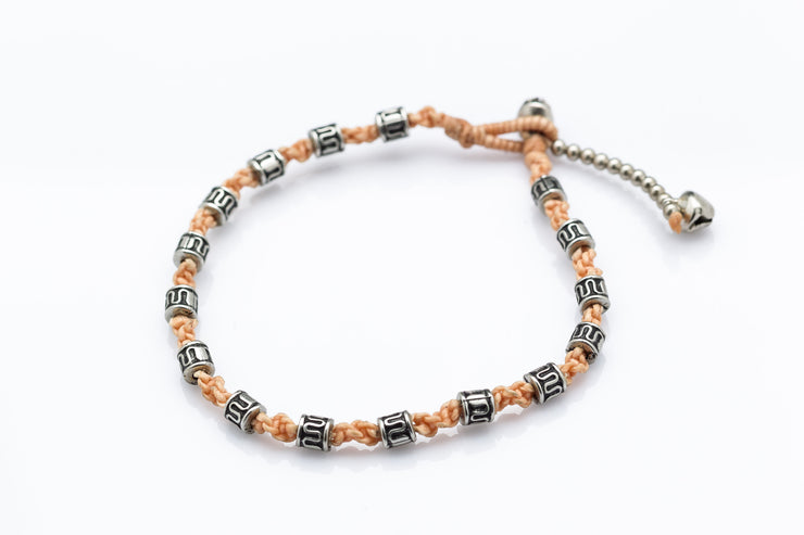 Silver Tube Braided Waxed String Anklet in Peach