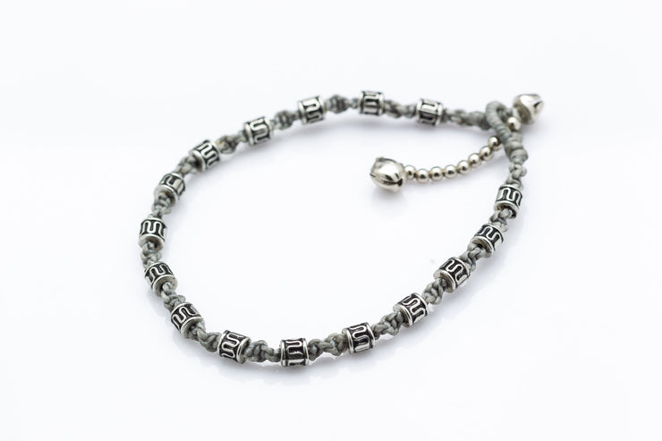 Silver Tube Braided Waxed String Anklet in Gray