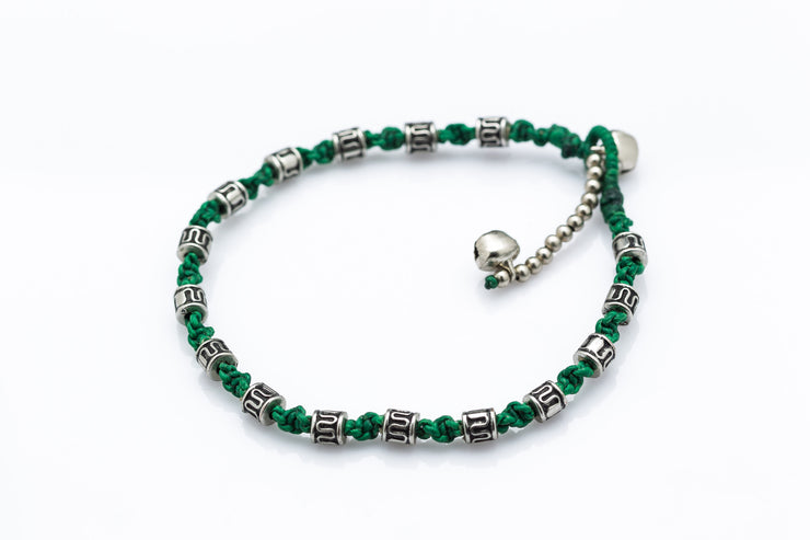Silver Tube Braided Waxed String Anklet in Green