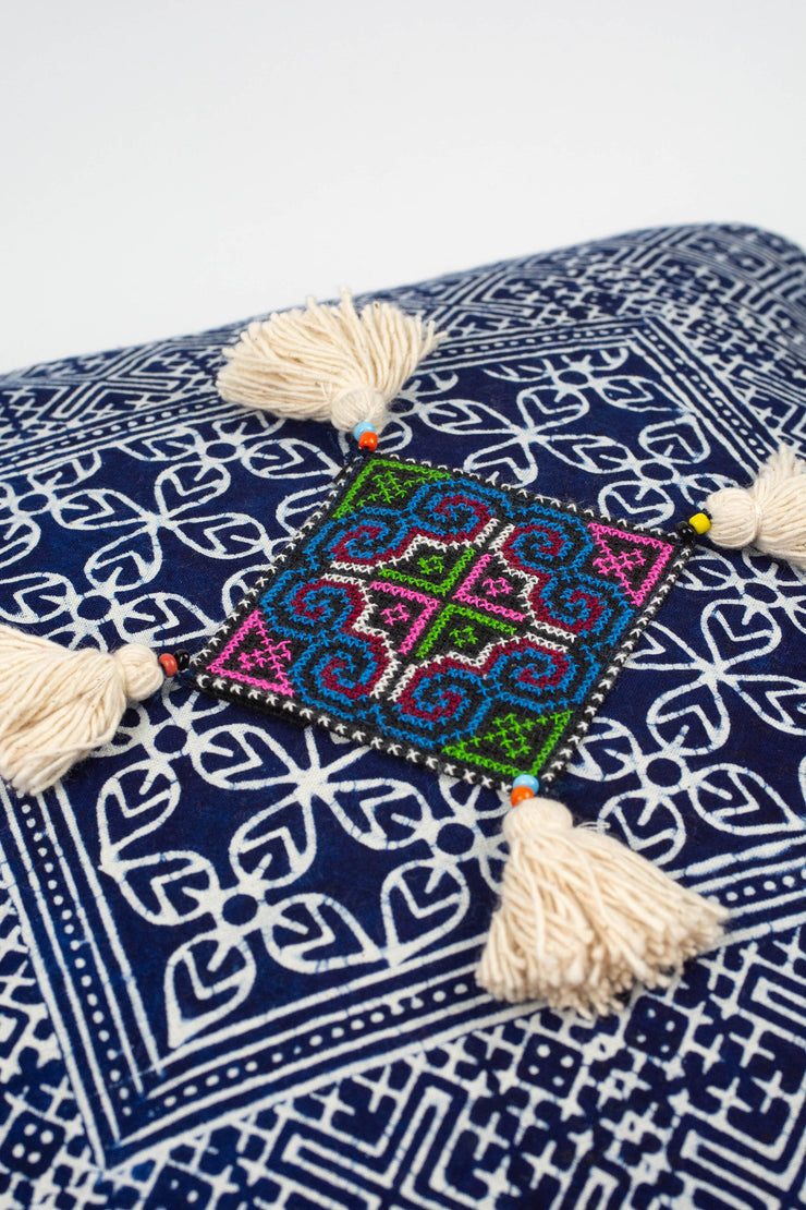 Hmong Indigo Batik Cotton Pillowcase with Cream Tassels