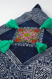 Hmong Indigo Batik Cotton Pillowcase with Green Tassels