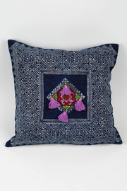 Hmong Indigo Batik Cotton Pillowcase with Purple Tassels