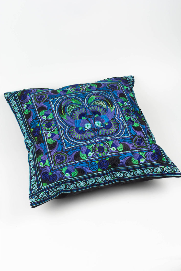 Hmong Hill Tribe Embroidered Peacock Pillowcase in Blue