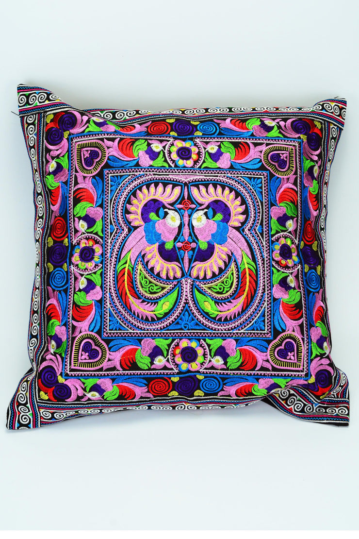 Hmong Hill Tribe Embroidered Peacock Pillowcase in Rainbow