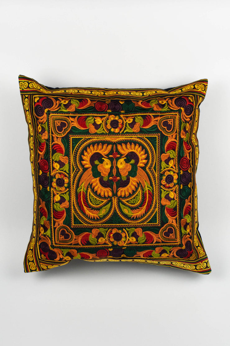 Hmong Hill Tribe Embroidered Peacock Pillowcase in Orange