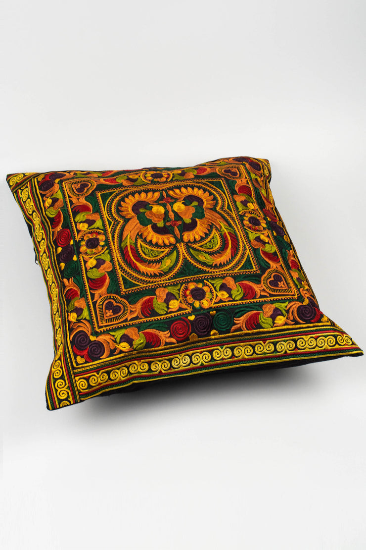 Hmong Hill Tribe Embroidered Peacock Pillowcase in Orange