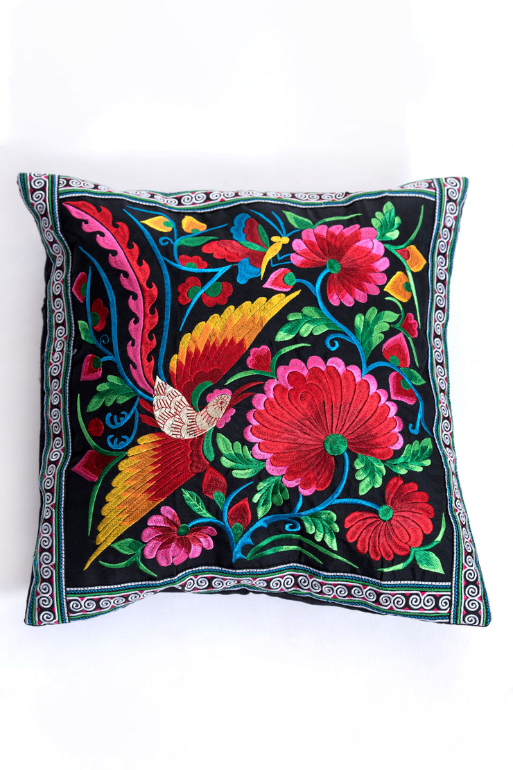 Hmong Hill Tribe Embroidered Bird and Flowers Pillowcase in Multi