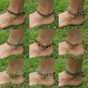 Brass Coin Waxed String Anklet in Turquoise