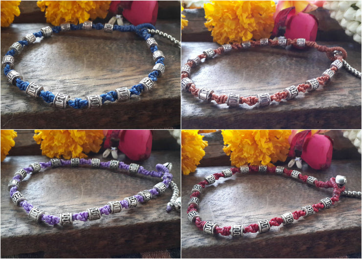 Silver Tube Braided Waxed String Anklet in Purple