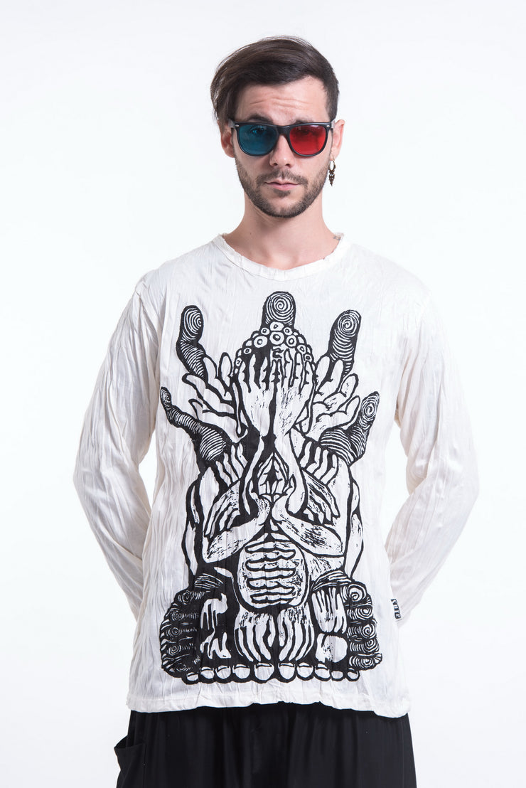 Unisex See No Evil Buddha Long Sleeve T-Shirt in White