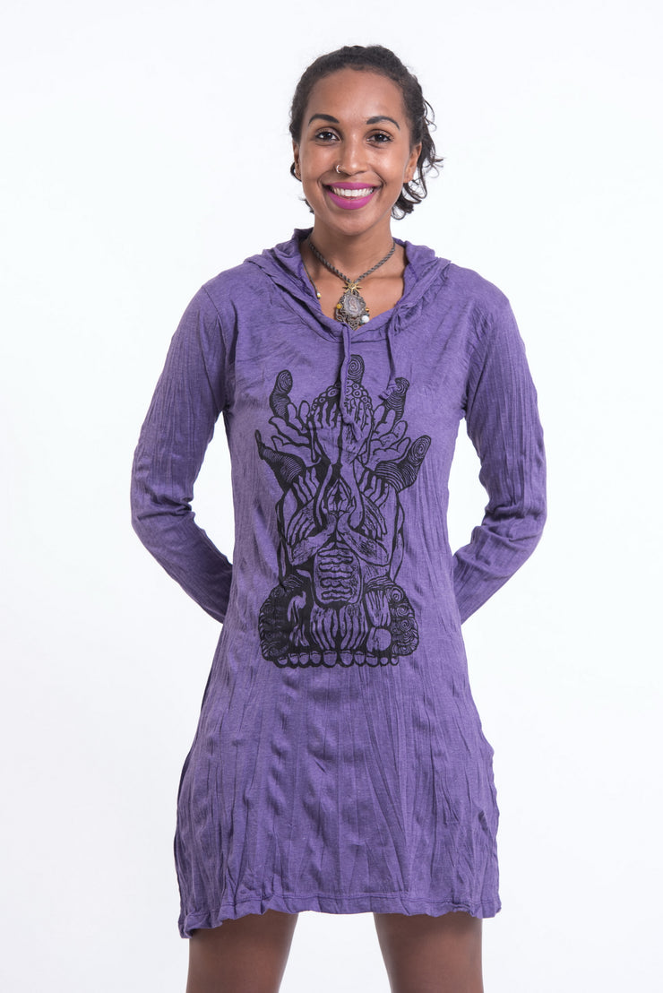 Womens See No Evil Buddha Hoodie Dress in Purple