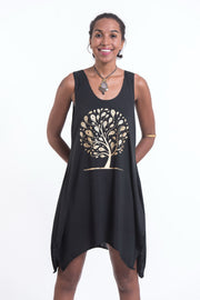 Womens Feather Tree Tank Dress in Gold on Black
