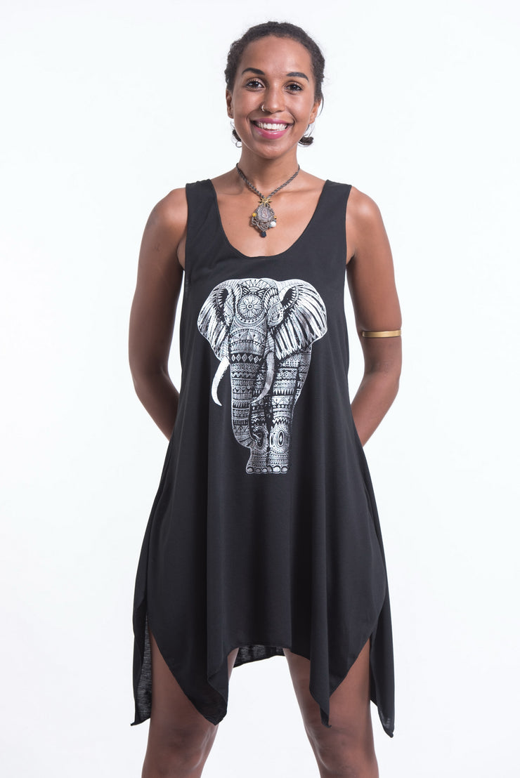 Womens Tribal Elephant Tank Dress in Silver on Black