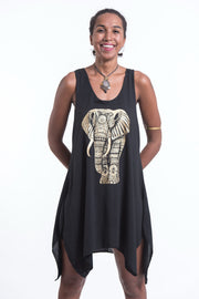 Womens Tribal Elephant Tank Dress in Gold on Black