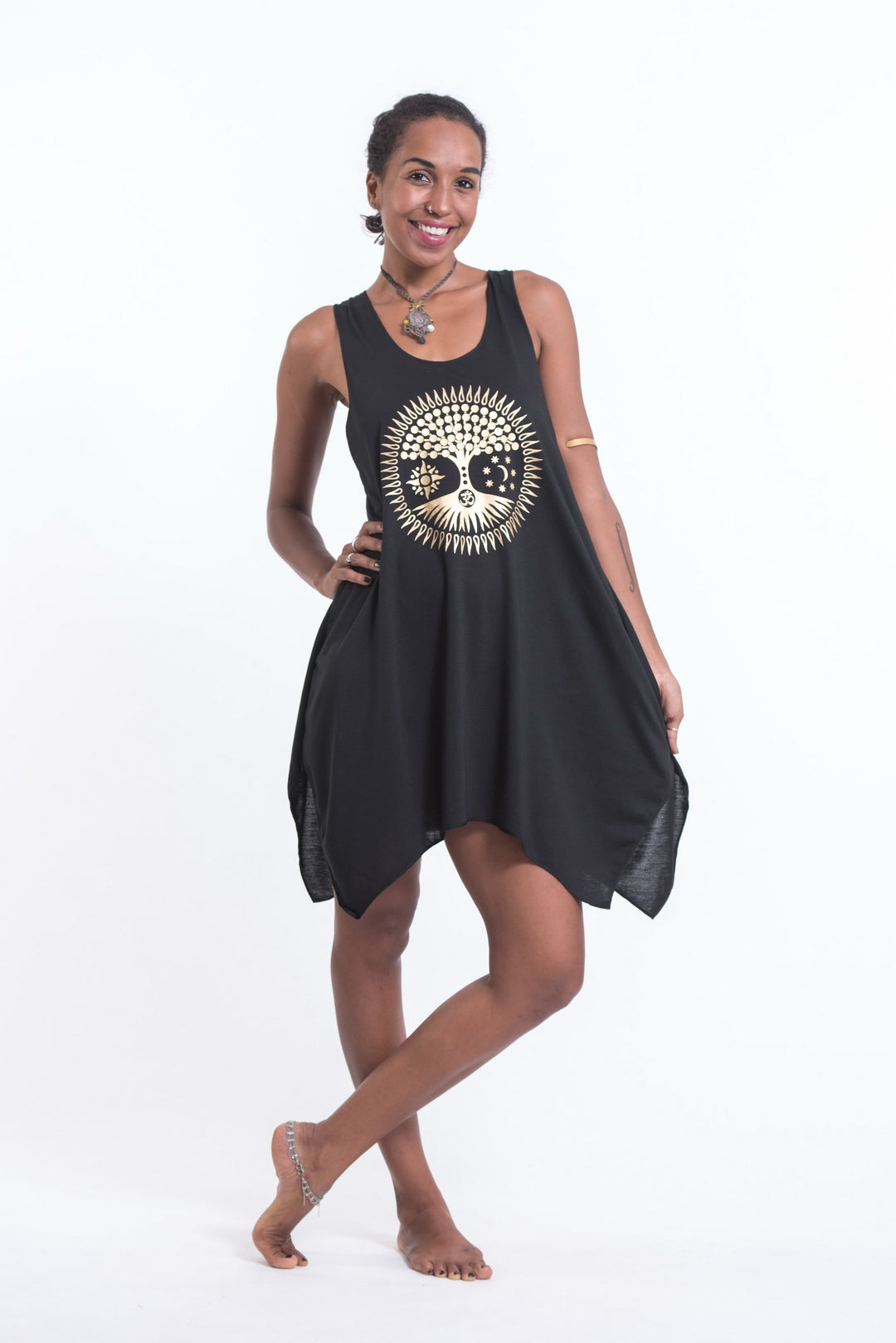 Sure Design Womens Sun Moon Om Tank Top Dress in Gold On Black