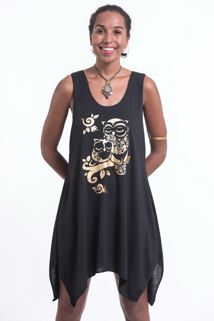 Womens Owls Tank Dress in Gold on Black