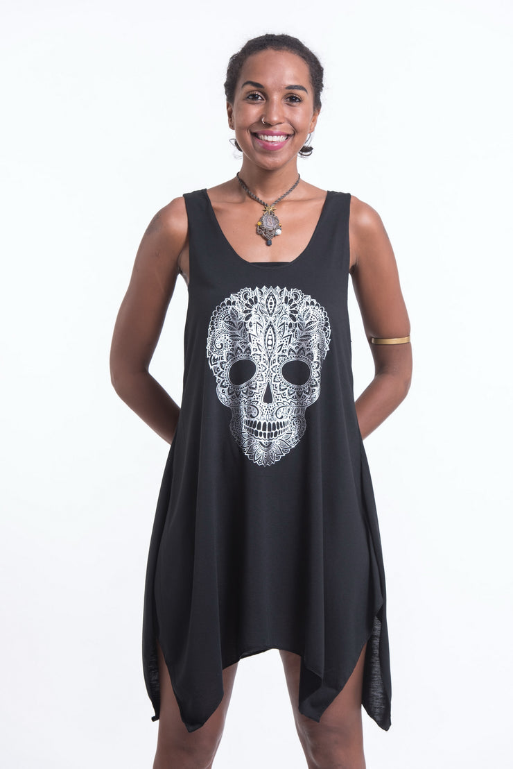 Womens Boho Skull Tank Dress in Silver on Black