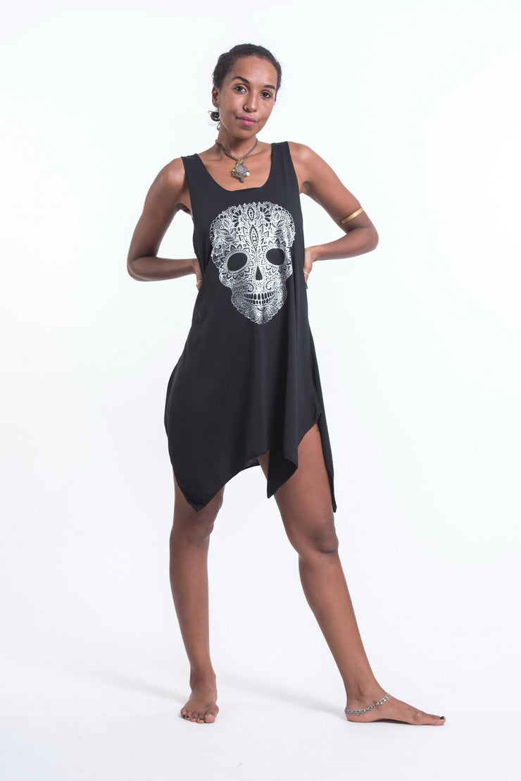 Womens Boho Skull Tank Dress in Silver on Black