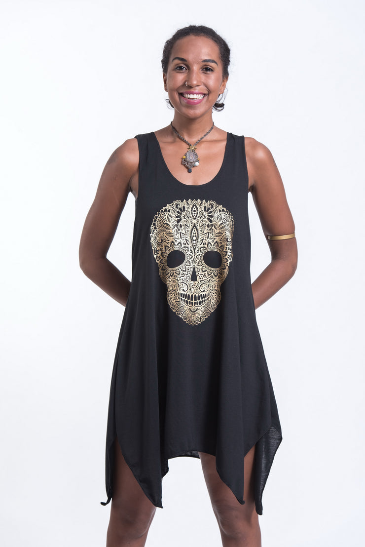Sure Design Womens Boho Skull Tank Top Dress in Gold on Black