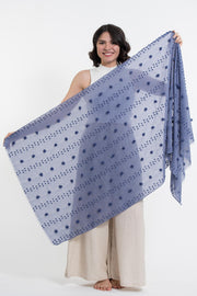 Cotton Blend Shawl Scarf with Pom Poms in Blue