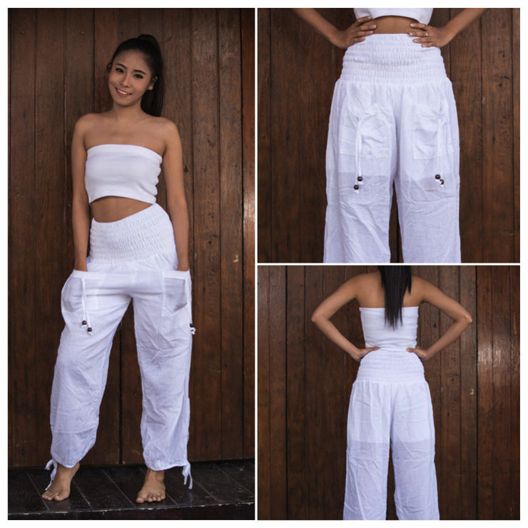 Womens Solid Color Smocked Waist Pants in White