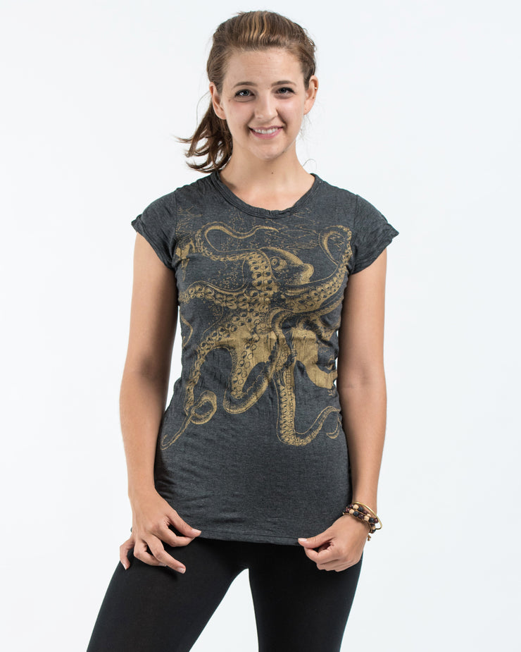 Womens Octopus T-Shirt in Gold on Black