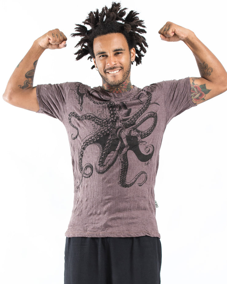 Mens Octopus  T-Shirt in Brown