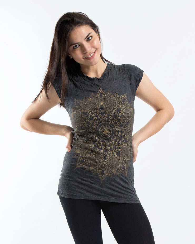 Womens Lotus Mandala T-Shirt in Gold on Black