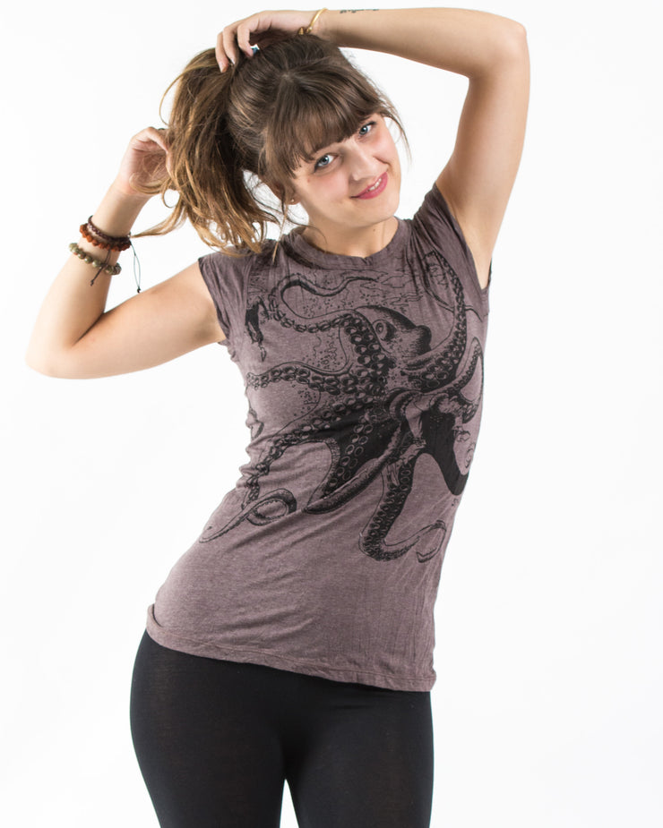 Womens Octopus T-Shirt in Brown