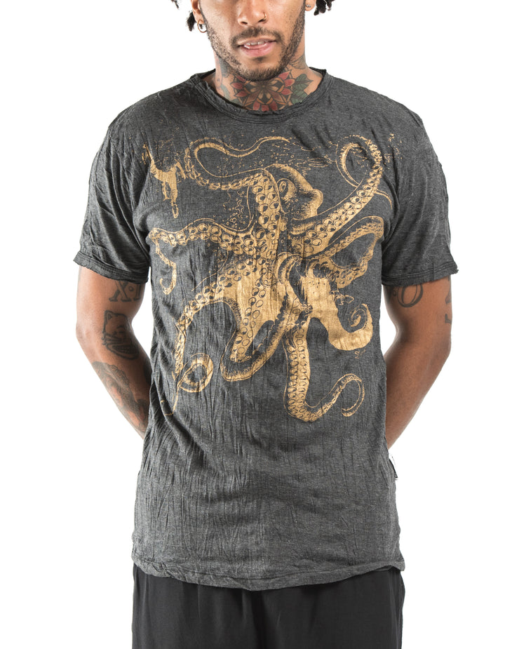 Mens Octopus T-Shirt in Gold on Black