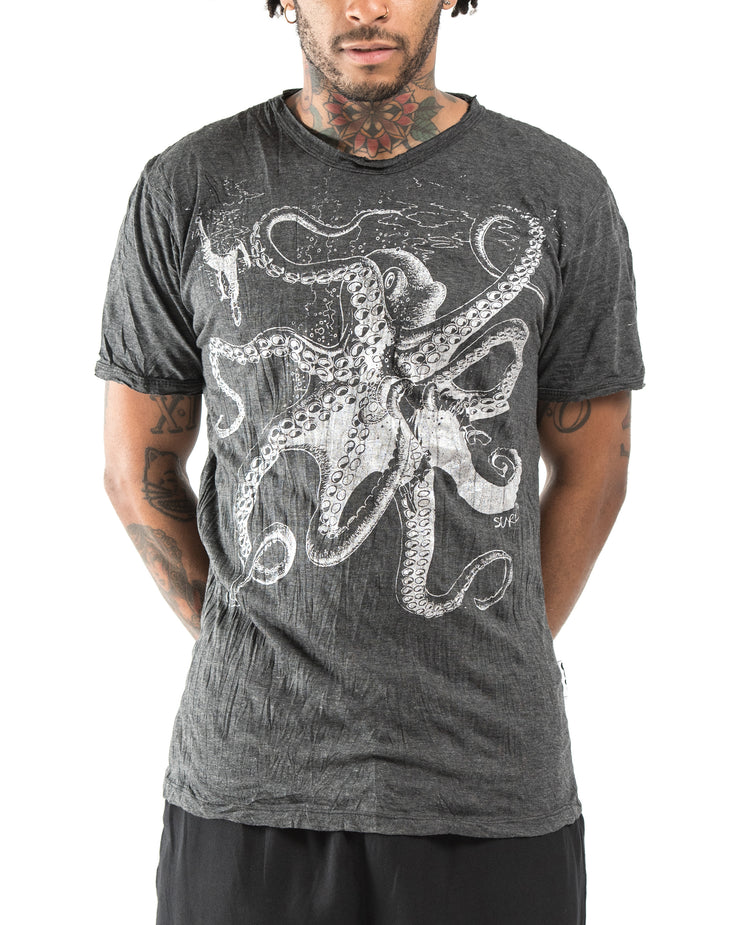 Mens Octopus T-Shirt in Silver on Black