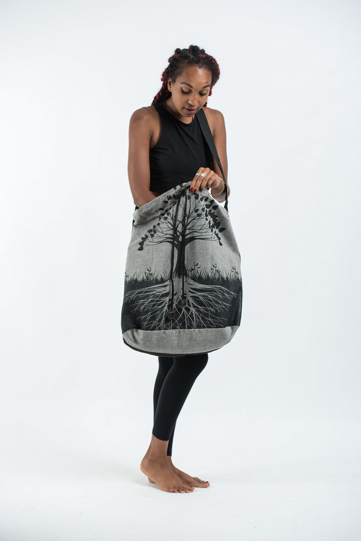 Tree of Life Oversize Drawstring Shoulder Bag  in Denim Gray