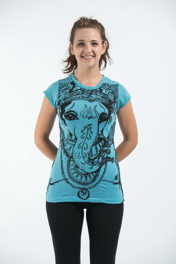 Womens Big Face Ganesh T-Shirt in Turquoise