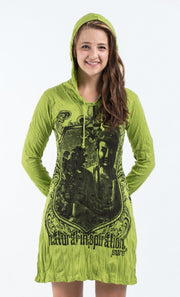 Womens Antique Buddha Hoodie Dress in Lime