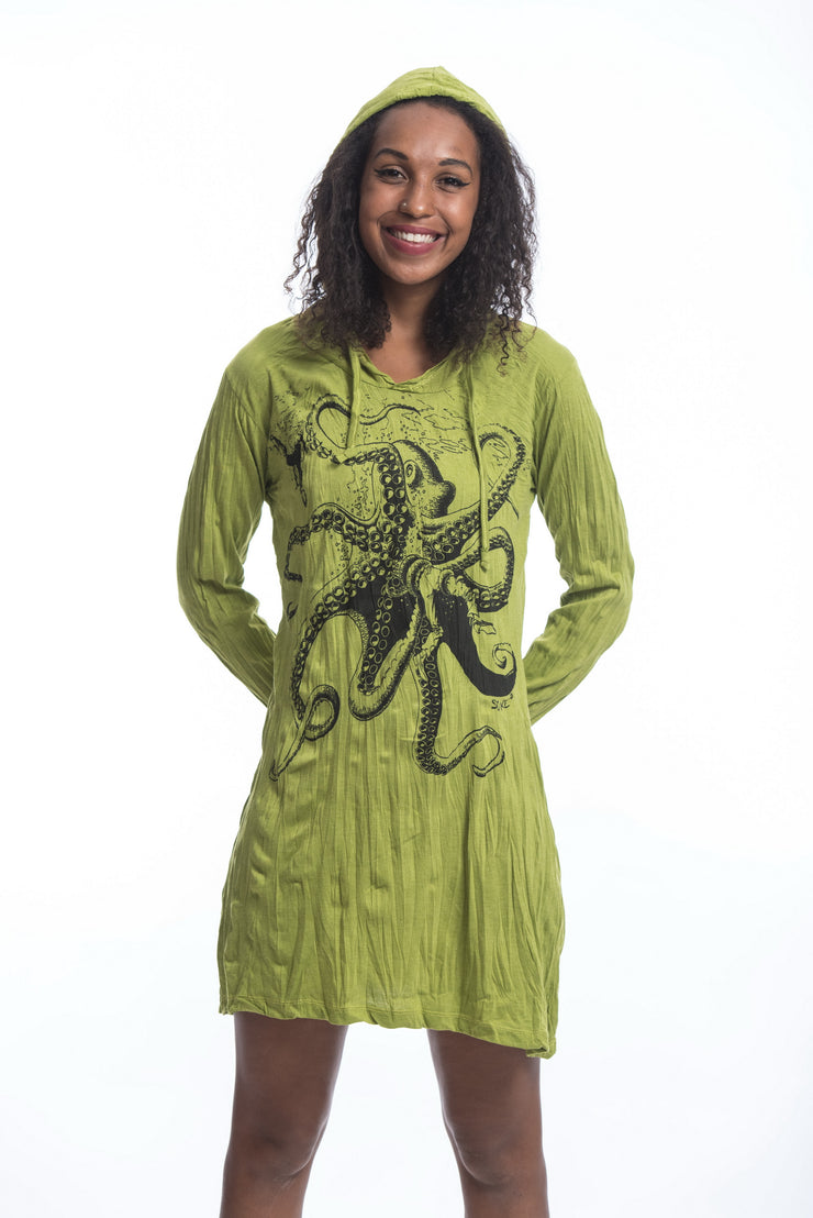 Womens Octopus Hoodie Dress in Lime