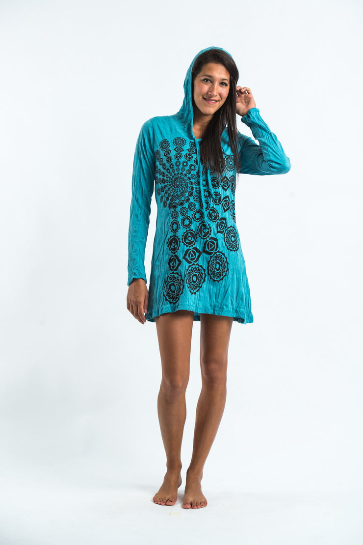 Womens Chakra Fractal Hoodie Dress in Turquoise