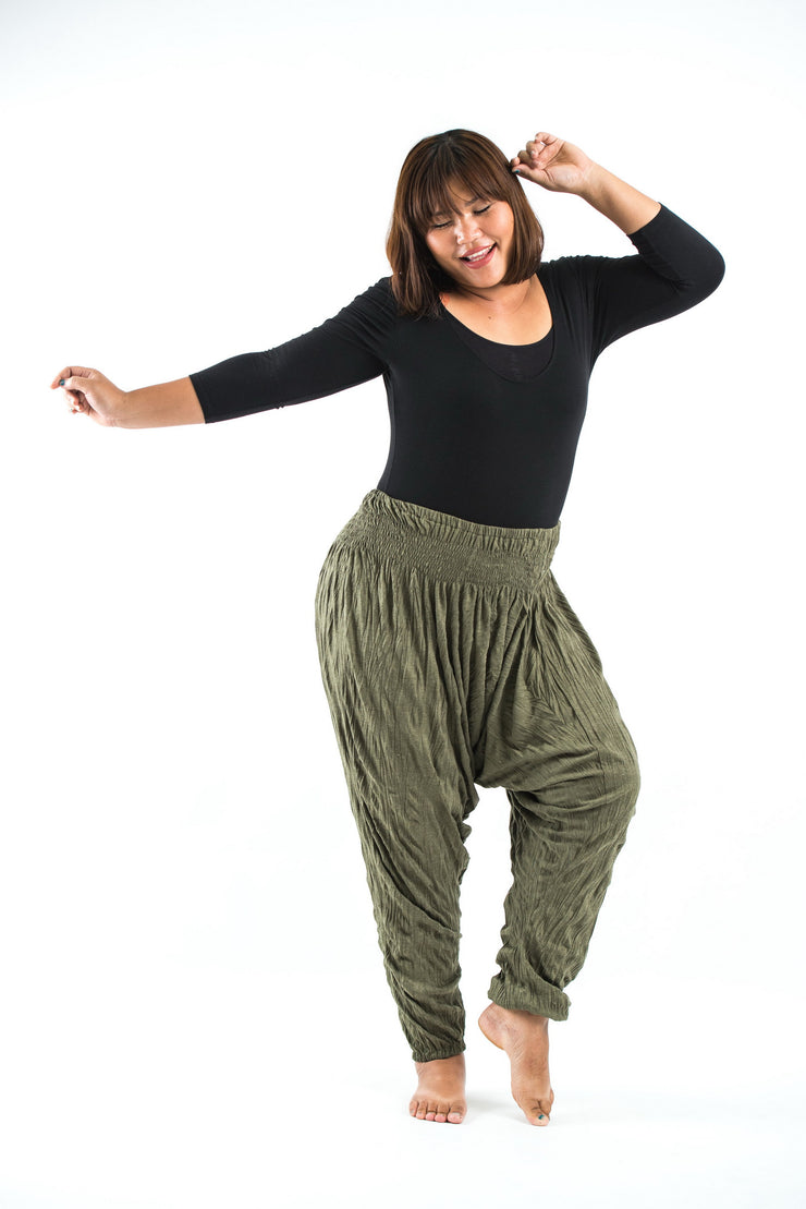Plus Size Unisex Crinkled Cotton Harem Pants in Green