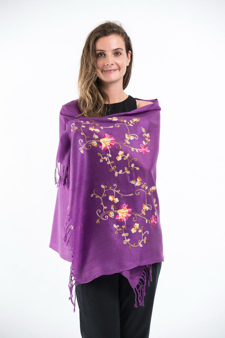 Nepal Floral Embroidered Pashmina Shawl Scarf in Purple