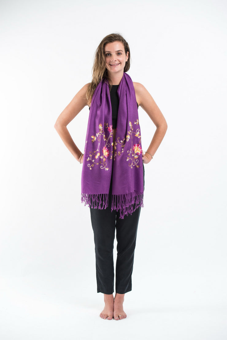 Nepal Floral Embroidered Pashmina Shawl Scarf in Purple