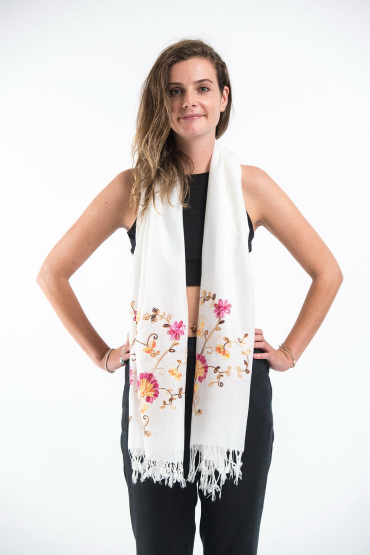 Sure Design Nepal Floral Embroidered Pashmina Shawl Scarf in White