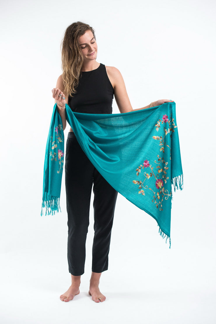 Nepal Floral Embroidered Pashmina Shawl Scarf in Turquoise