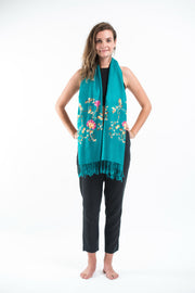 Nepal Floral Embroidered Pashmina Shawl Scarf in Turquoise