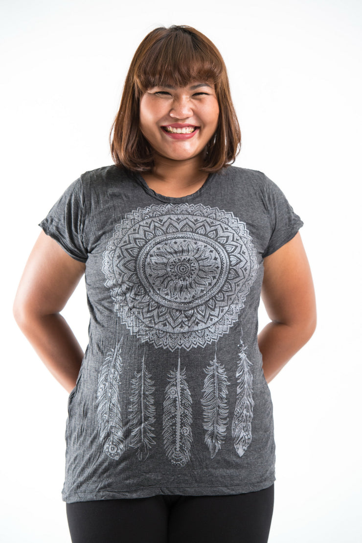 Plus Size Womens Dreamcatcher T-Shirt in Silver on Black