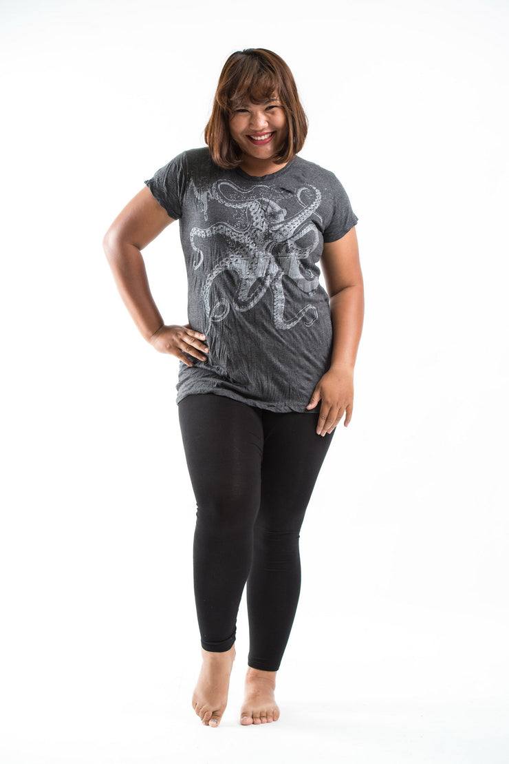 Plus Size Womens Octopus T-Shirt in Silver on Black