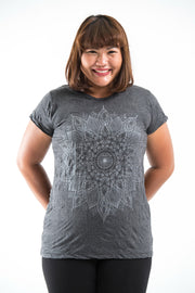 Plus Size Womens Lotus Mandala T-Shirt in Silver on Black