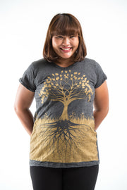 Plus Size Womens Tree of Life T-Shirt in Gold on Black