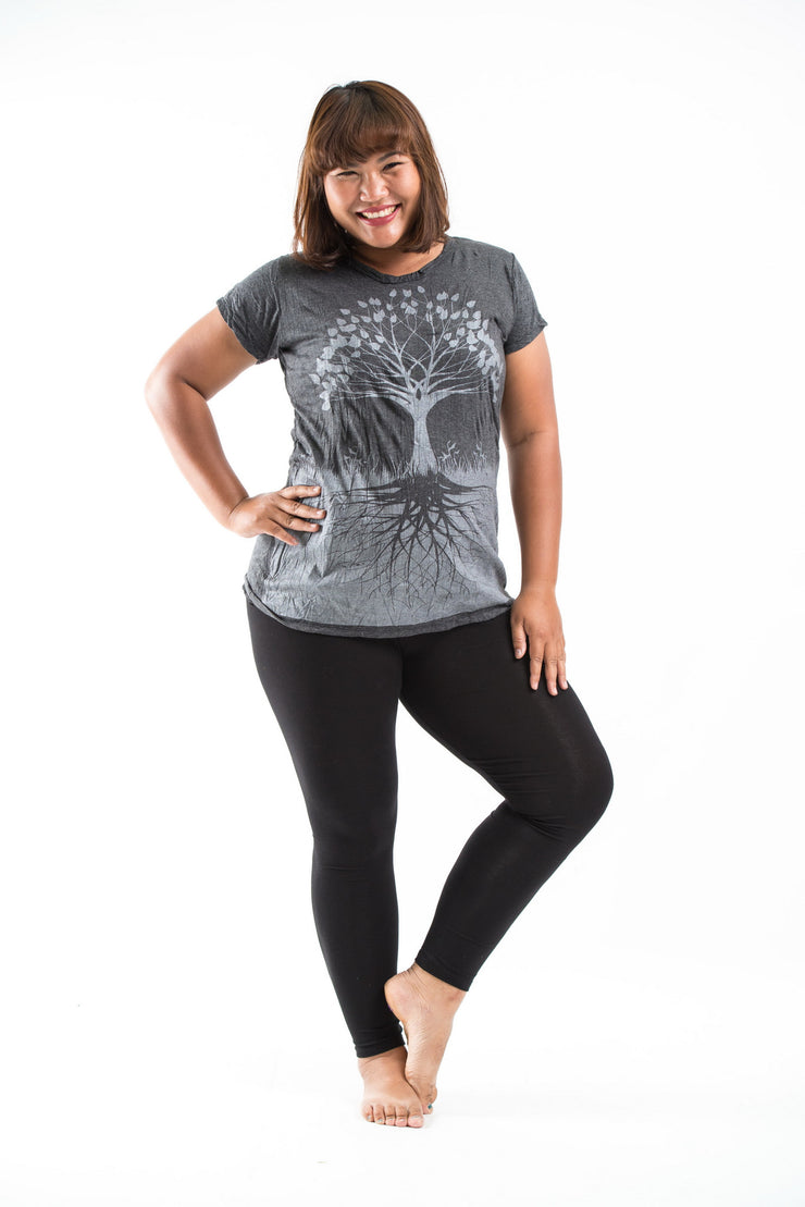 Plus Size Womens Tree of Life T-Shirt in Silver on Black